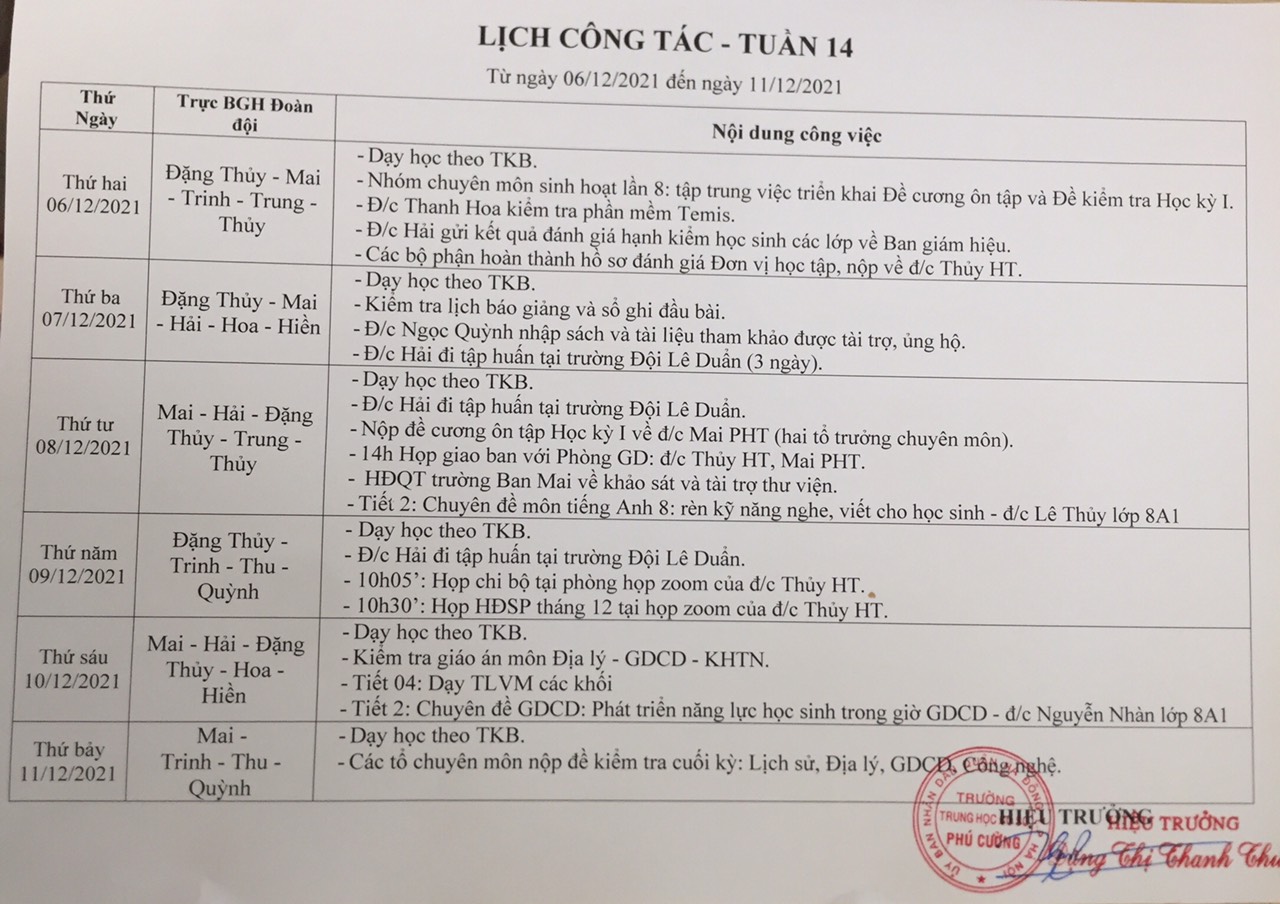 Lịch công tác tuần 14