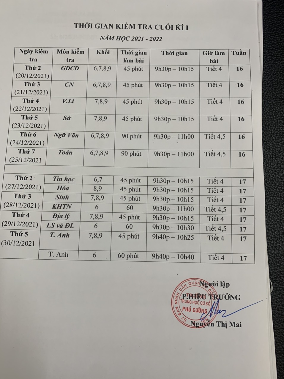 Lịch thi cuối kì I năm học 2021 2022